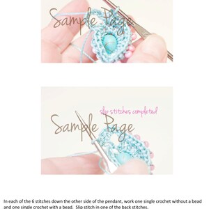 May include: Close-up of a crochet pendant with a turquoise bead. The pendant is being worked on with a crochet hook. The text "slip stitches completed" is visible in the image.