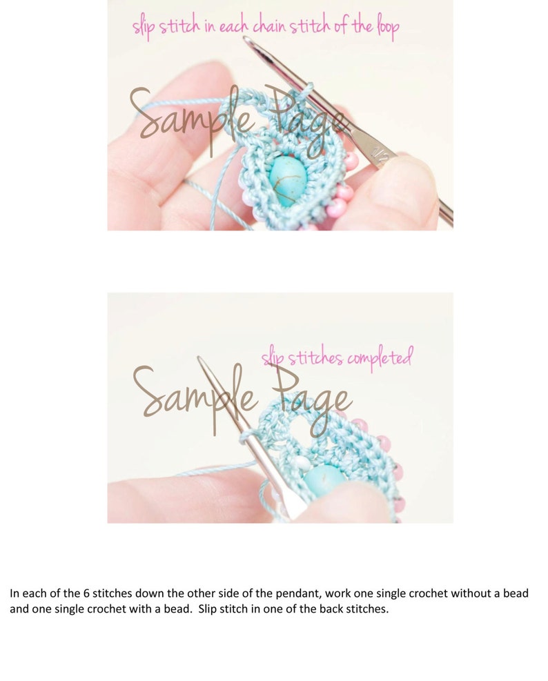 May include: Close-up of a crochet pendant with a turquoise bead. The pendant is being worked on with a crochet hook. The text "slip stitches completed" is visible in the image.