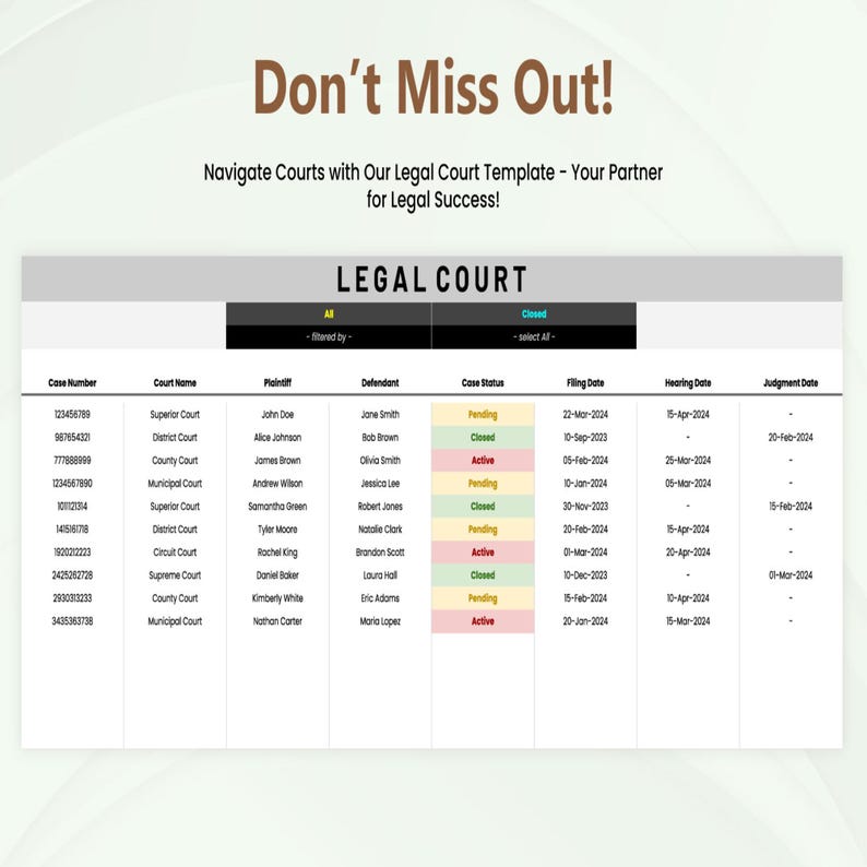 Legal Court Template Excel Google Sheets | Case Management Spreadsheet ...