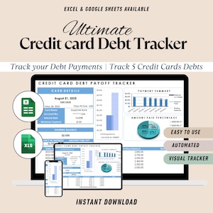 Plantilla de seguimiento de deudas de tarjetas de crédito / Planificador de pagos de deudas en Excel y Hojas de cálculo de Google / Organizador financiero / Registro de pagos mensuales / Herramienta de presupuesto