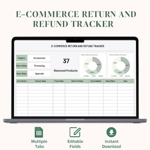 Puede incluir: Una pantalla de portátil muestra una hoja de cálculo "E-Commerce Return and Refund Tracker". La hoja de cálculo muestra campos de datos para el seguimiento de pedidos, con gráficos y el texto "Multiple Tabs", "Editable Fields" e "Instant Download".
