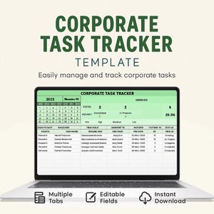 以下が含まれることがあります： ラップトップは「Corporate Task Tracker」テンプレートを表示しています。画面には、日付、タスク、ステータス更新の列があるスプレッドシートが表示されています。複数のタブ、編集可能なフィールド、およびインスタントダウンロードのアイコンも表示されています。