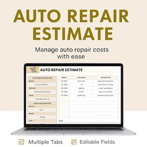 May include: A laptop displaying an "AUTO REPAIR ESTIMATE" form. The form includes fields for customer and vehicle information, item names, and descriptions. Text on the screen reads "Manage auto repair costs with ease." The image also highlights "Multiple Tabs" and "Editable Fields."