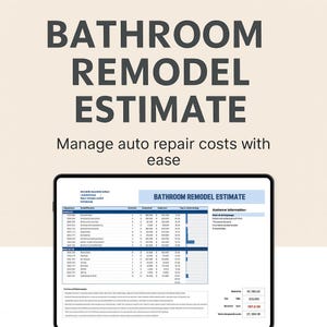 Könnte beinhalten: Ein digitales Tablet zeigt ein "BATHROOM REMODEL ESTIMATE" Formular. Der Text "Manage auto repair costs with ease" steht über dem Tablet. Das Formular enthält Abschnitte für detaillierte Kosten und Kundeninformationen.
