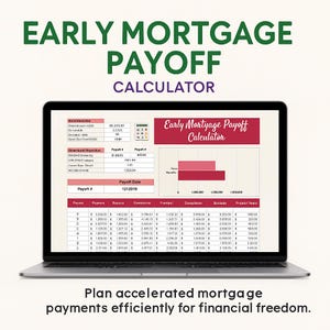 May include: A laptop screen showing an "Early Mortgage Payoff Calculator" with financial data. The display includes tables and charts detailing payments, interest, and payoff dates, with the text "Plan accelerated mortgage payments efficiently for financial freedom."