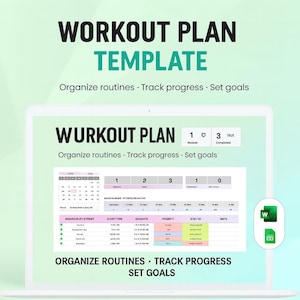 May include: A laptop screen displays a workout plan template with the text "WORKOUT PLAN TEMPLATE." The template includes sections for organizing routines, tracking progress, and setting goals. The screen also shows a calendar and data entry fields.