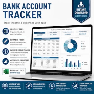 Könnte beinhalten: Eine digitale Bankkonto-Tracker-Vorlage auf einem Laptop-Bildschirm, die ein Dashboard mit Tabellen für aktuelle Transaktionen, Einnahmen und Ausgaben sowie ein Kreisdiagramm für Ausgaben nach Kategorien zeigt, inklusive Beschriftungen für Reiter und Felder.