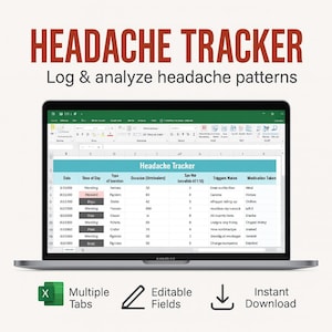 May include: A laptop displays a spreadsheet titled "Headache Tracker" with data fields for tracking headaches. The screen shows columns for date, time, type, duration, triggers, and medication. The image also includes icons for multiple tabs, editable fields, and instant download.