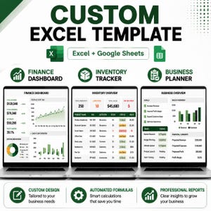 Puede incluir: Una plantilla de Excel personalizada digital compatible con Google Sheets, con tres pantallas de computadora que muestran un panel financiero, un rastreador de inventario y un planificador de negocios con gráficos y fórmulas.