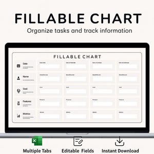 以下が含まれることがあります： ラップトップの画面には、「FILLABLE CHART」が表示され、日付、名前、目標、機能、メトリックのセクションがあります。このグラフは、タスクを整理し、情報を追跡するように設計されています。複数のタブ、編集可能なフィールド、および即時ダウンロードのアイコン。