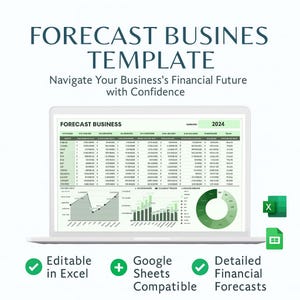 Puede incluir: Un portátil que muestra una "FORECAST BUSINESS TEMPLATE" con gráficos y tablas financieras. El texto incluye "Navigate Your Business's Financial Future with Confidence", "Editable in Excel", y "Google Sheets Compatible".