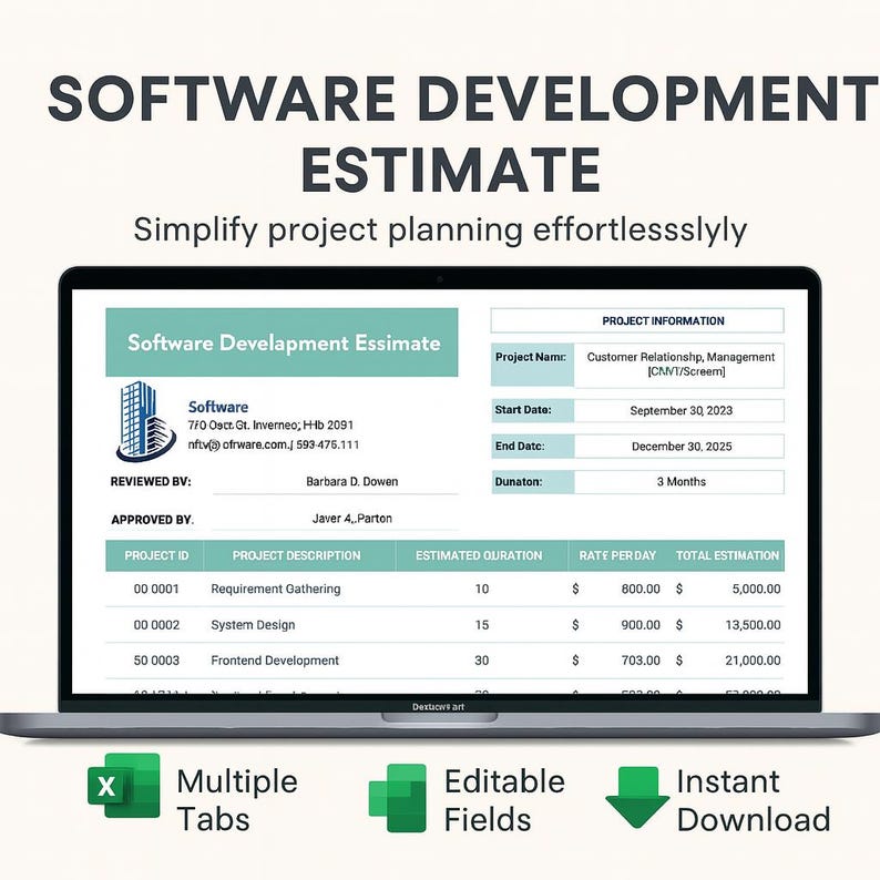 May include: A laptop screen displays a software development estimate template. The document includes sections for project information, project details, and estimated costs. The image also highlights features like multiple tabs, editable fields, and instant download.