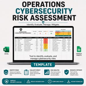 May include: A digital operations cybersecurity risk assessment template displayed on a laptop screen. The interface includes a risk summary table, risk categories, likelihood, impact, risk levels, and mitigation status. Icons for Excel and Google Sheets are visible.