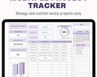 Mehrere Projekt-Tracker-Vorlagen Excel- und Google-Arbeitsblätter • Projektmanagement-Arbeitsblatt • Aufgaben-, Budget- und Zeitleisten-Dashboard-Tracker