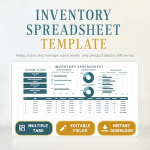 May include: Inventory spreadsheet template with the text "Inventory Spreadsheet Template". The template helps track and manage stock levels. Features include multiple tabs, editable fields, and instant download.