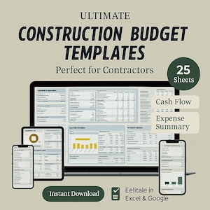 Può includere: Annuncio per modelli di budget di costruzione. L'immagine mostra un laptop, un tablet e due smartphone che visualizzano fogli di calcolo del budget. Il testo include "Ultimate Construction Budget Templates", "Perfect for Contractors" e "Instant Download".