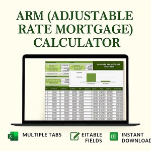 Peut inclure: Un ordinateur portable affiche un calculateur de prêt hypothécaire à taux variable (ARM). L'écran montre une feuille de calcul avec plusieurs onglets et des champs modifiables. Le texte à l'écran comprend "ADAREABIE RAR-MOTICAGE CALCIS-ERGE". L'image comprend également le texte "INSTANT DOWNLOAD".