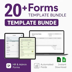 May include: A digital template bundle advertisement. The image shows a laptop and two tablets displaying forms. Text includes "20+ Forms Template Bundle", "HR & Admin Forms", "Automated Fields", and "Instant Download".