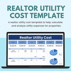 May include: A laptop screen shows a "Realtor Utility Cost Template." The teal text at the top reads "REALTOR UTILITY COST TEMPLATE." The spreadsheet displays utility costs for water, electricity, gas, cable, and phone, totalling £9,620.00. Two pie charts are also visible.