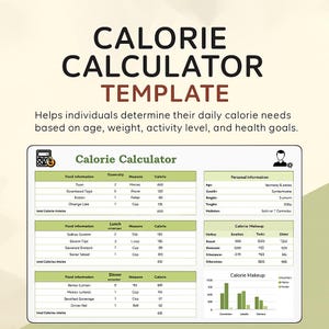 Könnte beinhalten: Eine weiß-grüne Kalorienrechner-Vorlage mit dem Titel "CALORIE CALCULATOR TEMPLATE". Die Vorlage enthält Abschnitte für Ernährungsinformationen, persönliche Daten und Kalorienaufbau mit Diagrammen und Datentabellen.