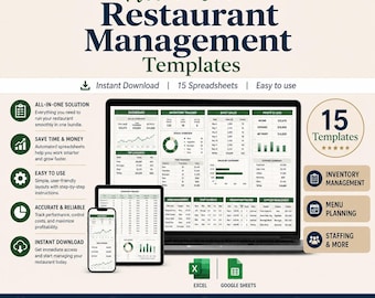 Pack Excel de gestion de restaurant | Tableur de restaurant | Planning du personnel | Suivi des stocks | Gestion des ventes et des commandes