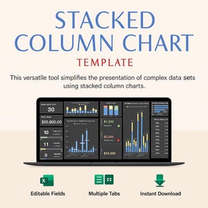Puede incluir: Una pantalla de portátil muestra una "STACKED COLUMN CHART TEMPLATE". La pantalla muestra varios gráficos y visualizaciones de datos. Debajo, iconos para "Editable Fields", "Multiple Tabs" e "Instant Download."
