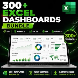 Puede incluir: Un paquete digital de más de 300 paneles de control de Excel que muestra una pantalla de portátil con varios gráficos de datos, diagramas y métricas financieras. El gráfico incluye etiquetas de texto para KPI, Finanzas, Ventas, RRHH y Negocios.