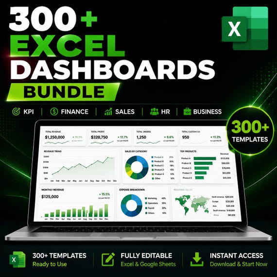 300+ Excel Dashboard Templates Bundle, KPI Dashboard, Financial Dashboard, HR Dashboard, Sales Dashboard, Google Sheets, Instant Download