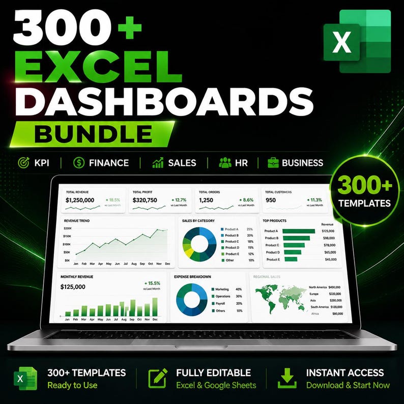 Peut inclure: Un ensemble num&eacute;rique de plus de 300 tableaux de bord Excel pr&eacute;sentant un &eacute;cran d'ordinateur portable avec divers graphiques, diagrammes et indicateurs financiers. Le visuel inclut des &eacute;tiquettes pour KPI, Finance, Ventes, RH et Business.