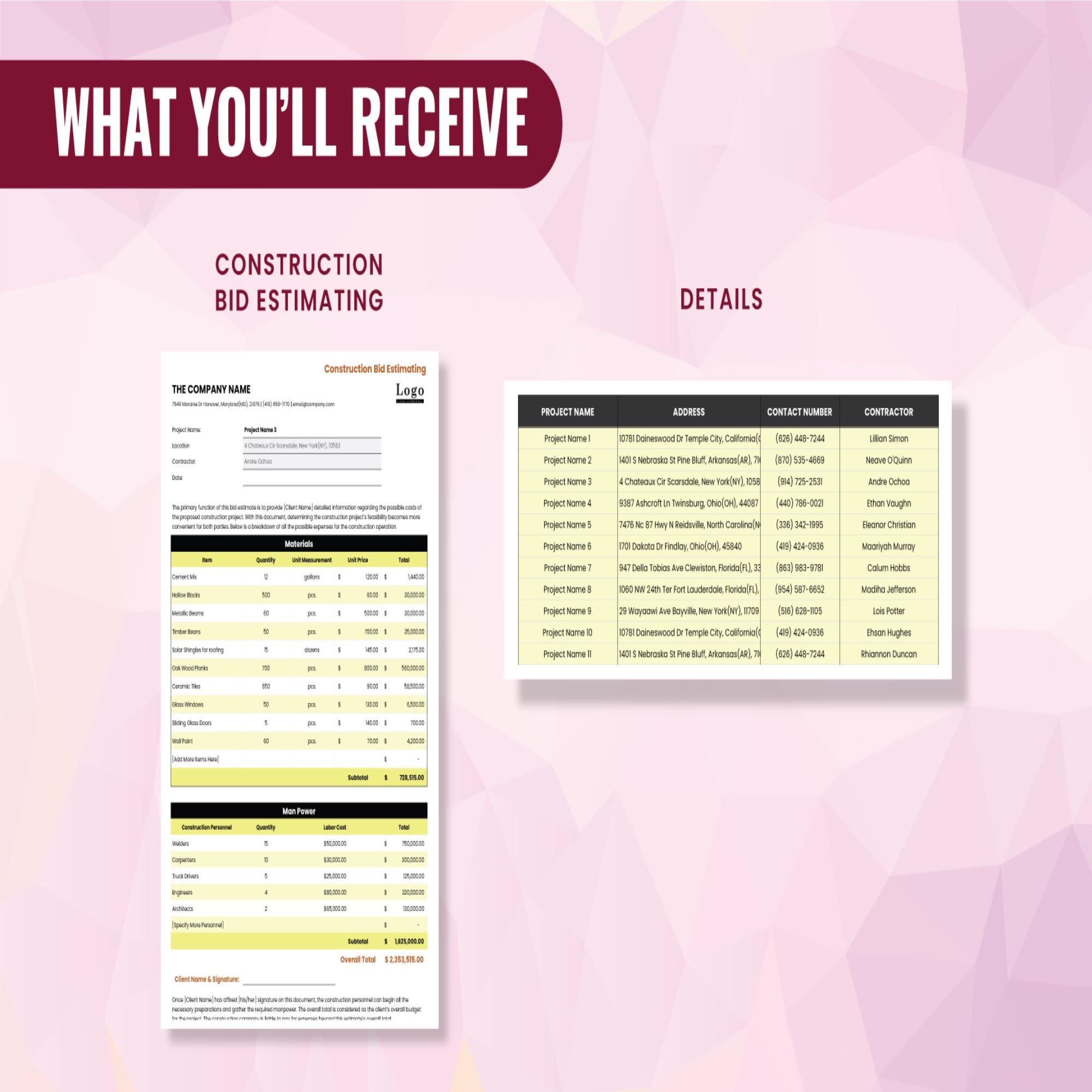 Construction Bid Estimating Template Excel Google Sheets Contractor ...