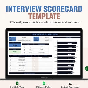 Könnte beinhalten: Ein Laptop zeigt eine "INTERVIEW SCORECARD TEMPLATE" zur Bewertung von Kandidaten. Der Bildschirm zeigt einen Wert von 3,89 und das Wort "NEUTRAL". Die Vorlage bietet mehrere Registerkarten, editierbare Felder und einen Sofort-Download.