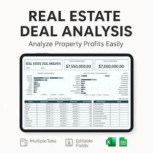 Könnte beinhalten: Ein Tablet zeigt eine Immobilien-Deal-Analyse mit Finanzdaten, einschließlich Angebotspreisen und Provisionsdetails. Der Bildschirm zeigt mehrere Registerkarten und editierbare Felder mit dem Text "REAL ESTATE DEAL ANALYSIS" oben.