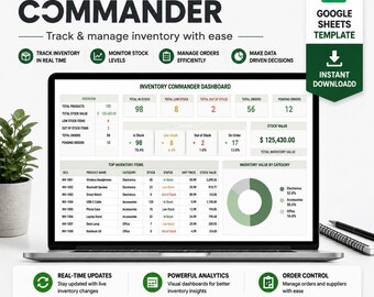 May include: A digital inventory management dashboard displayed on a laptop screen, titled 20+ INVENTORY COMMANDER. The interface features data tables, stock status indicators, and a donut chart for inventory value by category analysis.