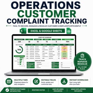May include: A digital operations customer complaint tracking tool for Excel and Google Sheets displayed on a laptop screen. The dashboard features data tables, status indicators, and charts for managing complaints, with text labels including Track, Manage, Resolve.