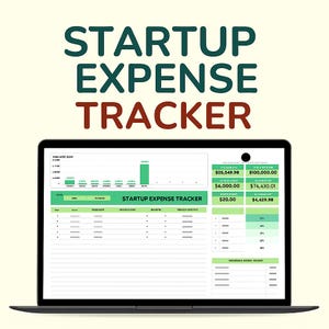 Puede incluir: Un ordenador portátil que muestra una hoja de cálculo titulada "STARTUP EXPENSE TRACKER". La pantalla muestra datos financieros en verde y blanco, con gráficos y cifras. El título está en letras grandes, en negrita, verdes y rojas.
