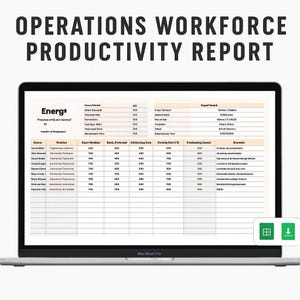 May include: A laptop displaying a spreadsheet titled "OPERATIONS WORKFORCE PRODUCTIVITY REPORT." The report includes data tables with headings like "Stper Workins," "Infobisting Date," and "Presinating Search." The laptop is a MacBook Pro.