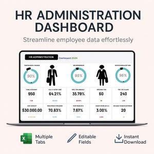Puede incluir: Una pantalla de portátil que muestra un panel de administración de recursos humanos. El panel muestra datos de empleados con gráficos y cifras. El texto "HR ADMINISTRATION DASHBOARD" está en la parte superior, con "Streamline employee data effortlessly" debajo. Iconos de pestañas múltiples, campos editables y descarga instantánea.