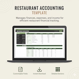 Könnte beinhalten: Ein Laptop zeigt eine Restaurant-Buchhaltungsvorlage mit Finanzdaten. Der Bildschirm zeigt Einnahmen- und Ausgabenbereiche mit dem Text "Restaurant Accounting Template" oben. Symbole darunter zeigen anpassbare Felder, sofortigen Download und detaillierte Abschnitte.