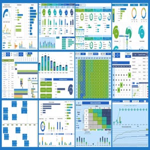 Peut inclure: Une collection de tableaux de bord num&eacute;riques pr&eacute;sentant douze panneaux distincts avec diverses visualisations de donn&eacute;es, notamment des graphiques &agrave; barres, des courbes, des diagrammes circulaires, des anneaux de progression et des calendriers.
