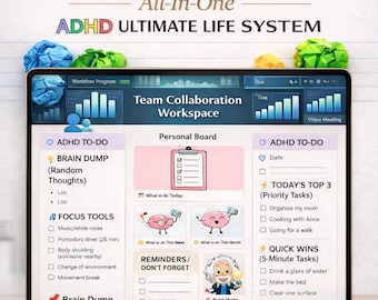 Puede incluir: Una pantalla de portátil que muestra un panel de organización digital titulado All-In-One ADHD ULTIMATE LIFE SYSTEM. La interfaz incluye secciones para un tablero personal, listas de tareas, herramientas de enfoque, áreas de notas y recordatorios.