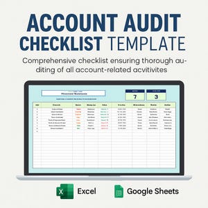 May include: A laptop screen displaying an "Account Audit Checklist Template." The screen shows a spreadsheet with rows and columns, including the text "Financial Statements." The image also includes the Excel and Google Sheets logos.
