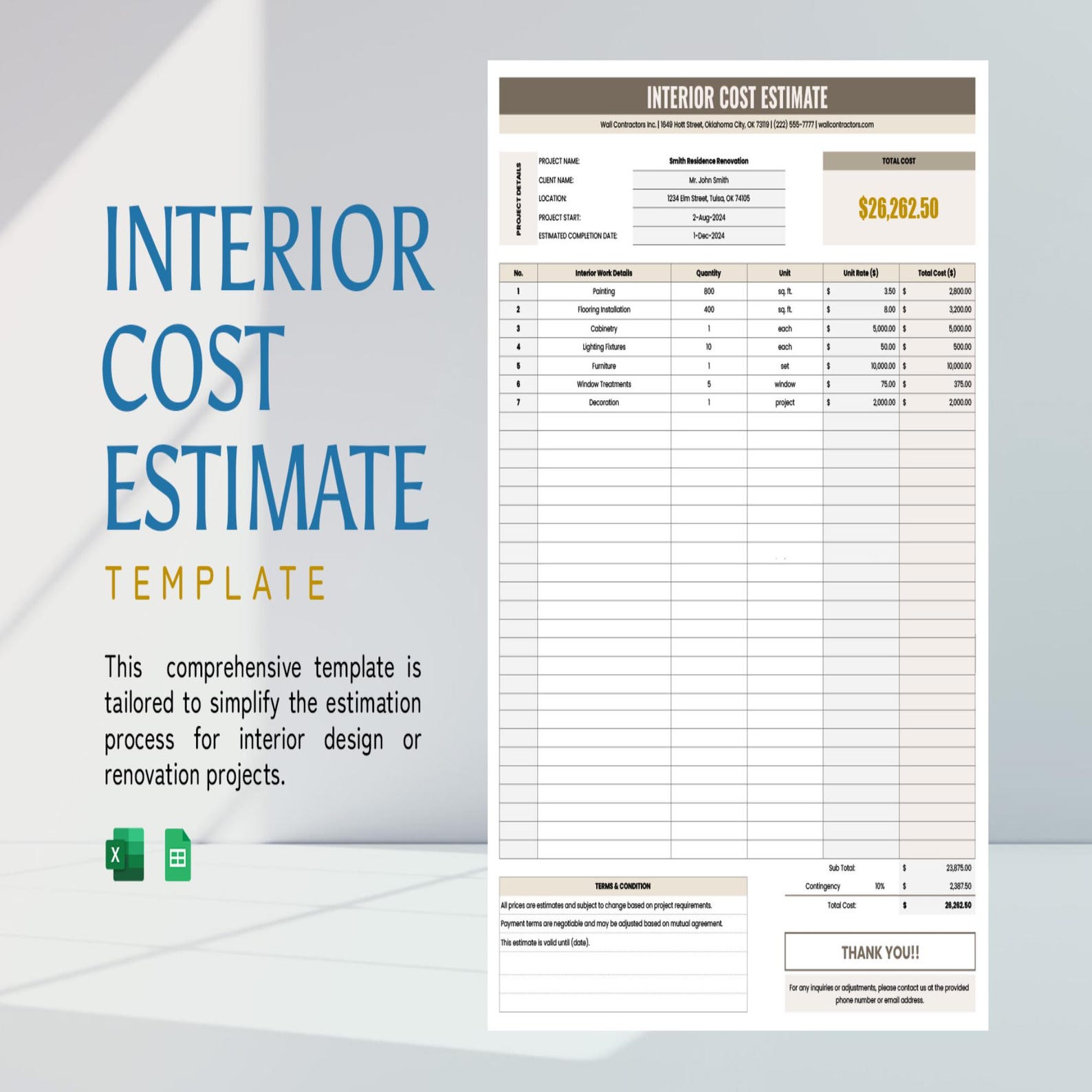 Interior Cost Estimate Template – Excel & Google Sheets Interior ...