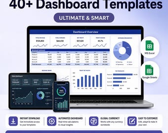 May include: A digital collection of 40+ dashboard templates for Excel and Google Sheets displayed on a laptop, tablet, and smartphone screen. The interface shows data tables, pie charts, and bar graphs for revenue, expenses, and profit analysis.