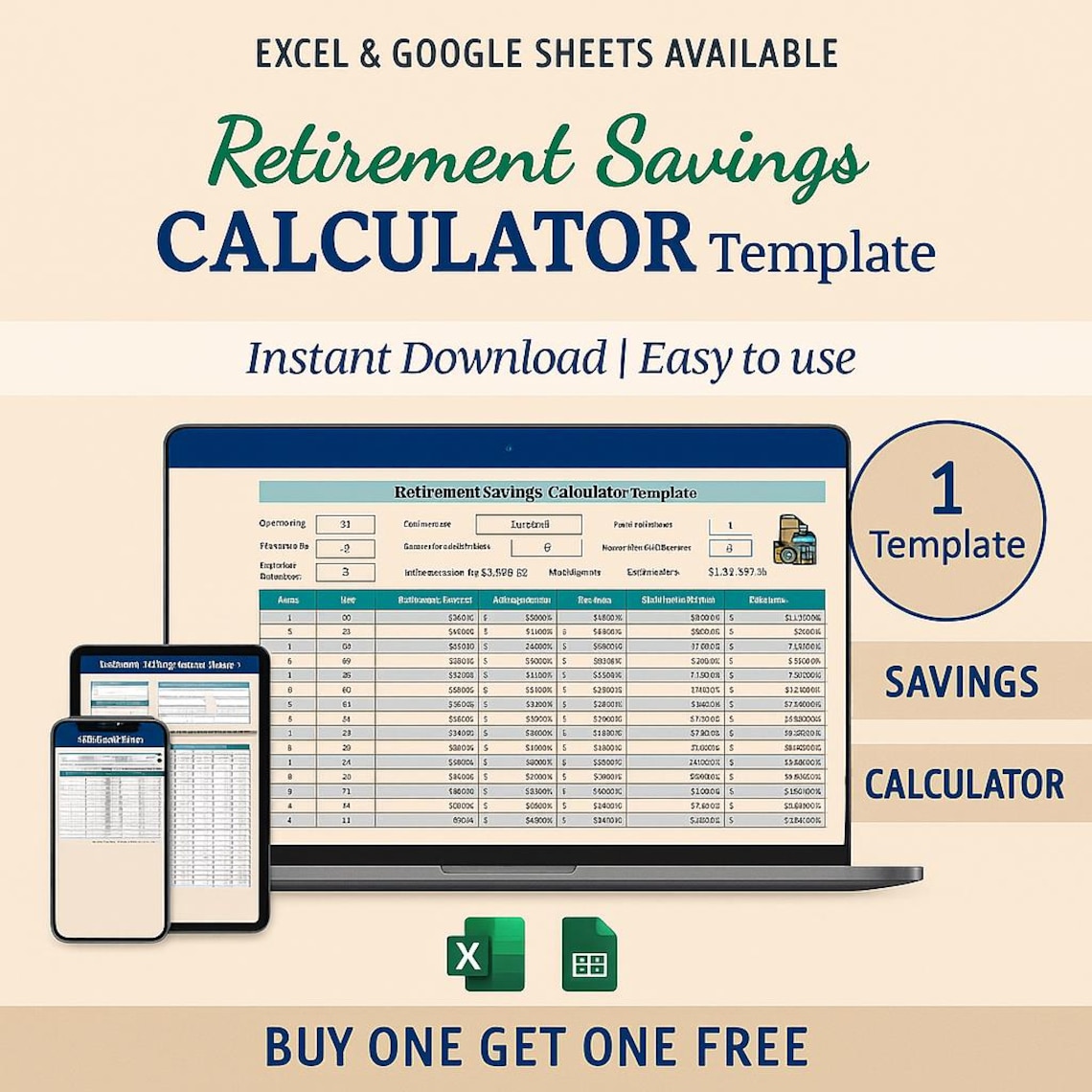 Retirement Savings Calculator Template | Excel & Google Sheets Planner