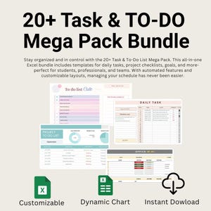Op de afbeelding: Afbeelding van een digitale bundel getiteld "20+ Task & TO-DO Mega Pack Bundle". Het bevat sjablonen voor dagelijkse taken en projectchecklists. Met aanpasbare lay-outs, dynamische grafieken en direct downloaden.