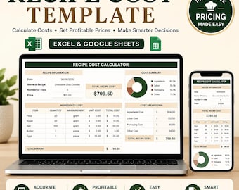 Recipe Cost Template Excel & Google Sheets | Food Cost Calculator, Ingredient Costing, Per Serving Cost Tracker, Editable Spreadsheet