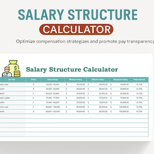 Puede incluir: Una hoja de cálculo titulada "Calculadora de estructura salarial" con una combinación de colores turquesa y blanco. El documento muestra rangos salariales, salarios mínimos y máximos y otros datos financieros. El título está en letras grandes de color turquesa.
