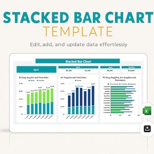Può includere: Un tablet digitale mostra un "STACKED BAR CHART TEMPLATE" con visualizzazioni di dati. Il testo "Edit, add, and update data effortlessly" è sotto il titolo. Il grafico mostra i dati di vendita di forniture per la scrittura e l'arte.