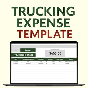 May include: A laptop displays a trucking expense template with the title "Trucking Expense Template" in green and red. The screen shows a table with expense details, including dates, descriptions, and amounts. The total expense amount is $450.00.