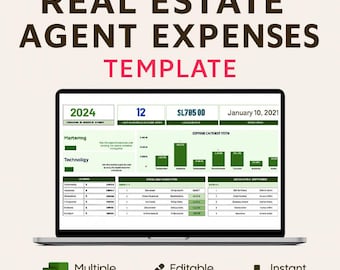 Sjabloon voor onkostenregistratie voor makelaars | Excel en Google Spreadsheets | Zakelijk budget makelaar, kilometerlogboek, marketingkosten, bewerkbaar blad